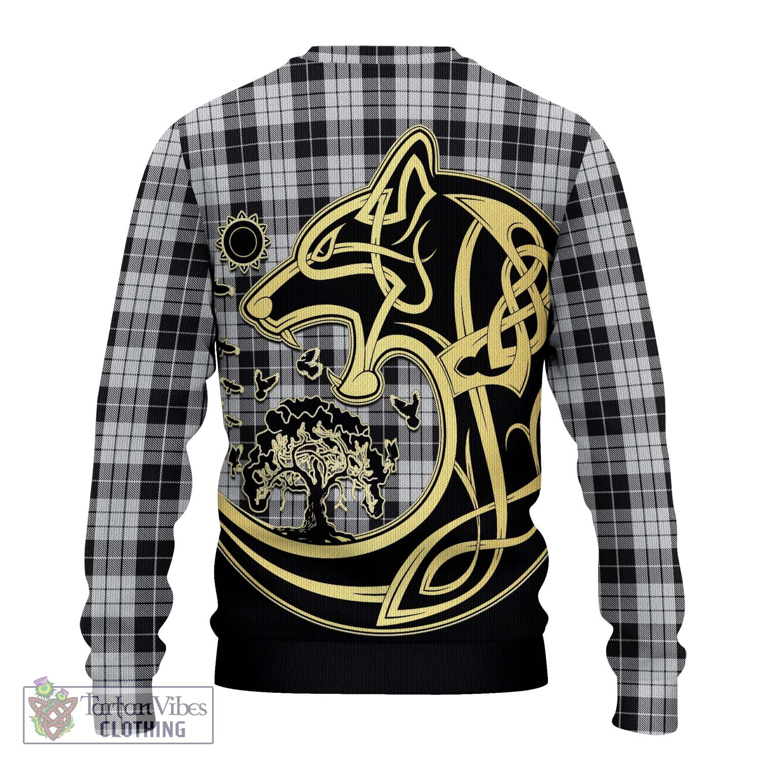 Tartan Vibes Clothing MacLeod Black and White Tartan Knitted Sweater with Family Crest Celtic Wolf Style