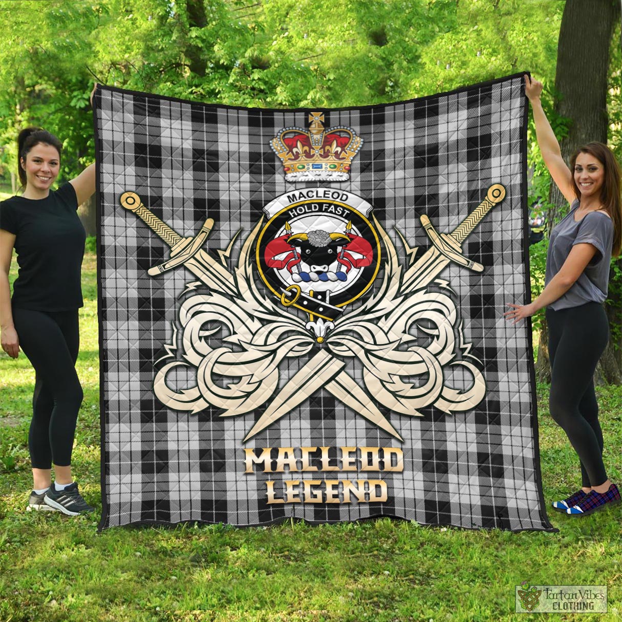 Tartan Vibes Clothing MacLeod Black and White Tartan Quilt with Clan Crest and the Golden Sword of Courageous Legacy