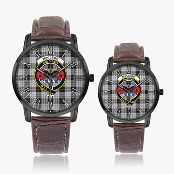 MacLeod Black and White Tartan Family Crest Leather Strap Quartz Watch