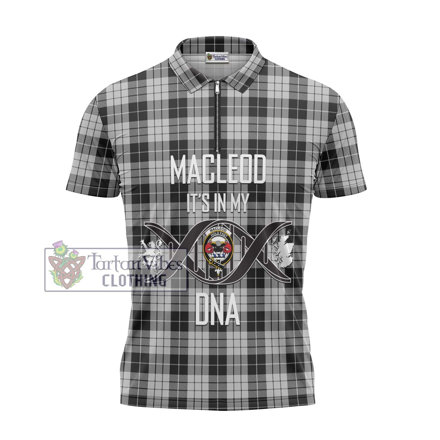 Tartan Vibes Clothing MacLeod Black and White Tartan Zipper Polo Shirt with Family Crest DNA In Me Style