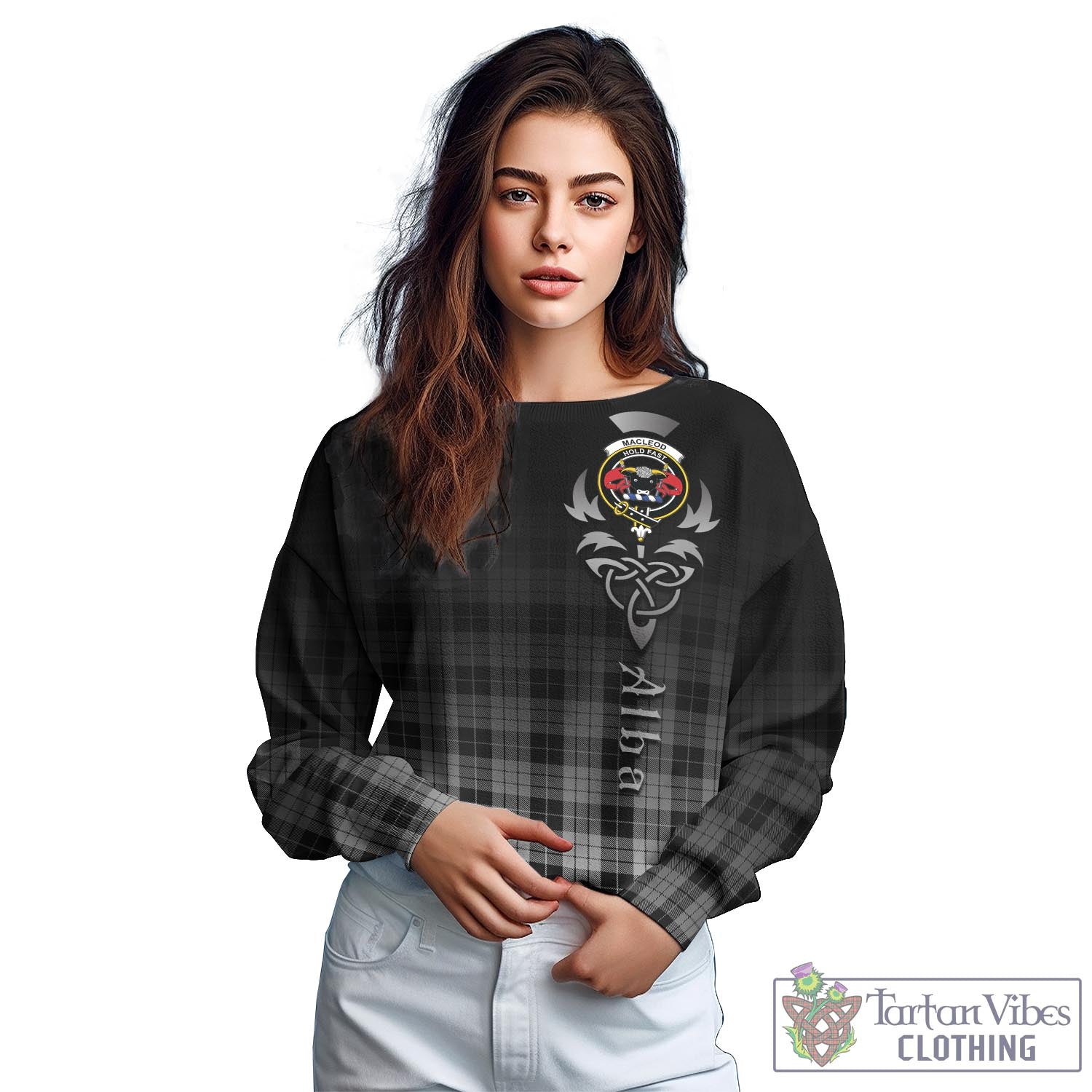 Tartan Vibes Clothing MacLeod Black and White Tartan Sweatshirt Featuring Alba Gu Brath Family Crest Celtic Inspired