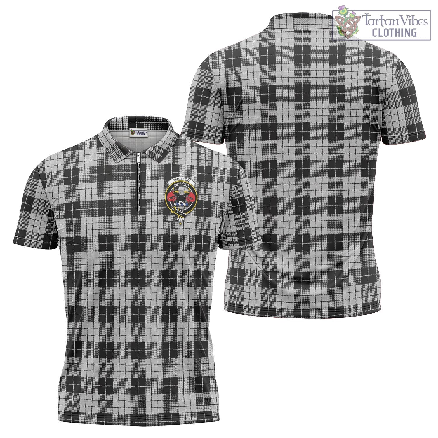 Tartan Vibes Clothing MacLeod Black and White Tartan Zipper Polo Shirt with Family Crest