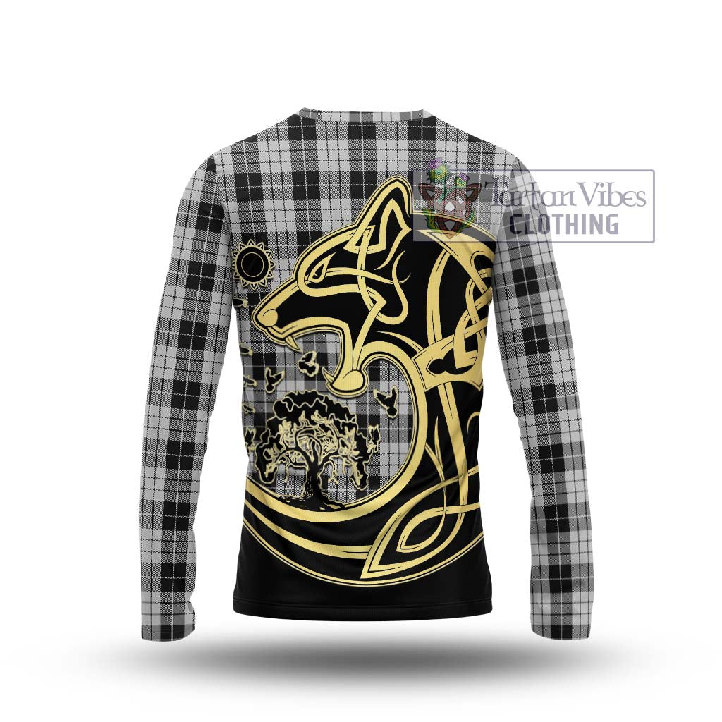 Tartan Vibes Clothing MacLeod Black and White Tartan Long Sleeve T-Shirt with Family Crest Celtic Wolf Style