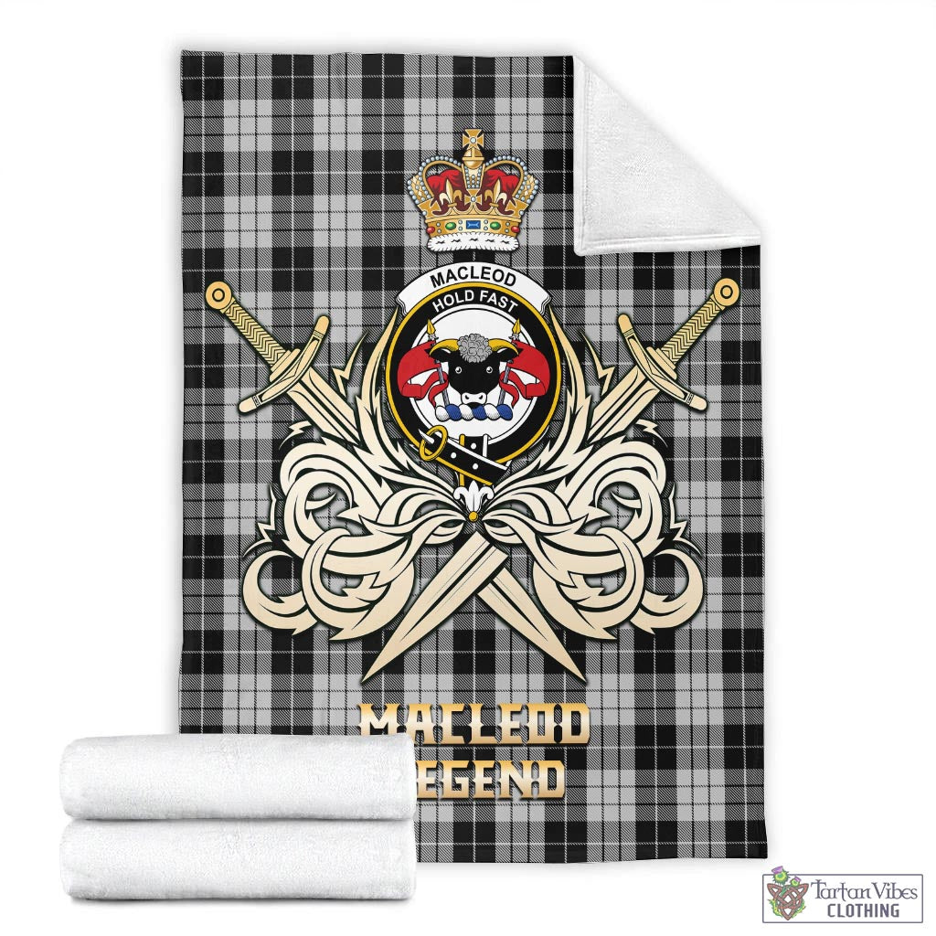 Tartan Vibes Clothing MacLeod Black and White Tartan Blanket with Clan Crest and the Golden Sword of Courageous Legacy