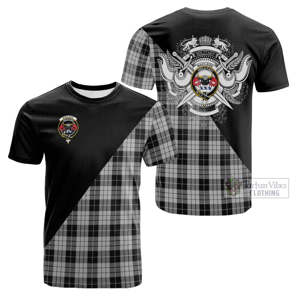 Tartan Vibes Clothing MacLeod Black and White Tartan Cotton T-shirt with Family Crest and Military Logo Style