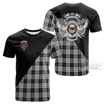 MacLeod Black and White Tartan Cotton T-shirt with Family Crest and Military Logo Style