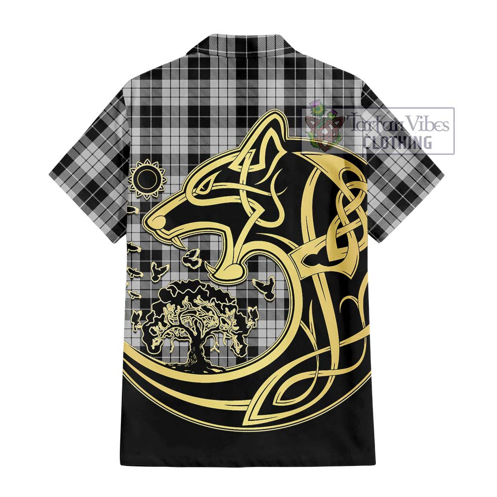 Tartan Vibes Clothing MacLeod Black and White Tartan Short Sleeve Button Shirt with Family Crest Celtic Wolf Style