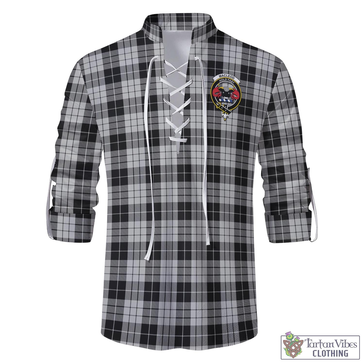 Tartan Vibes Clothing MacLeod Black and White Tartan Men's Scottish Traditional Jacobite Ghillie Kilt Shirt with Family Crest