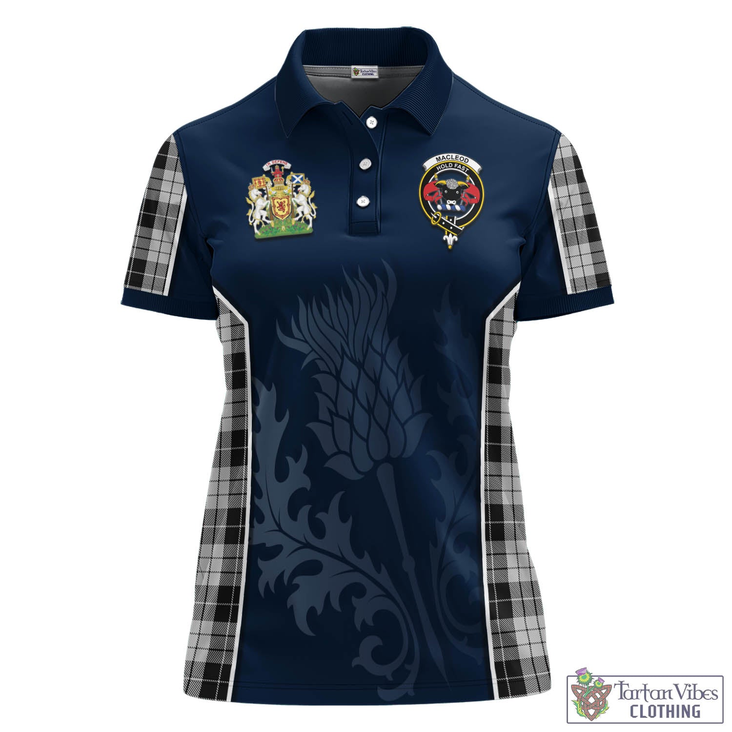 Tartan Vibes Clothing MacLeod Black and White Tartan Women's Polo Shirt with Family Crest and Scottish Thistle Vibes Sport Style