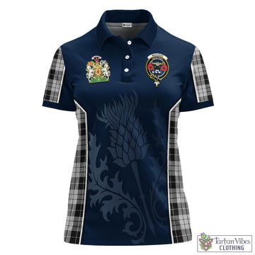 MacLeod Black and White Tartan Women's Polo Shirt with Family Crest and Scottish Thistle Vibes Sport Style