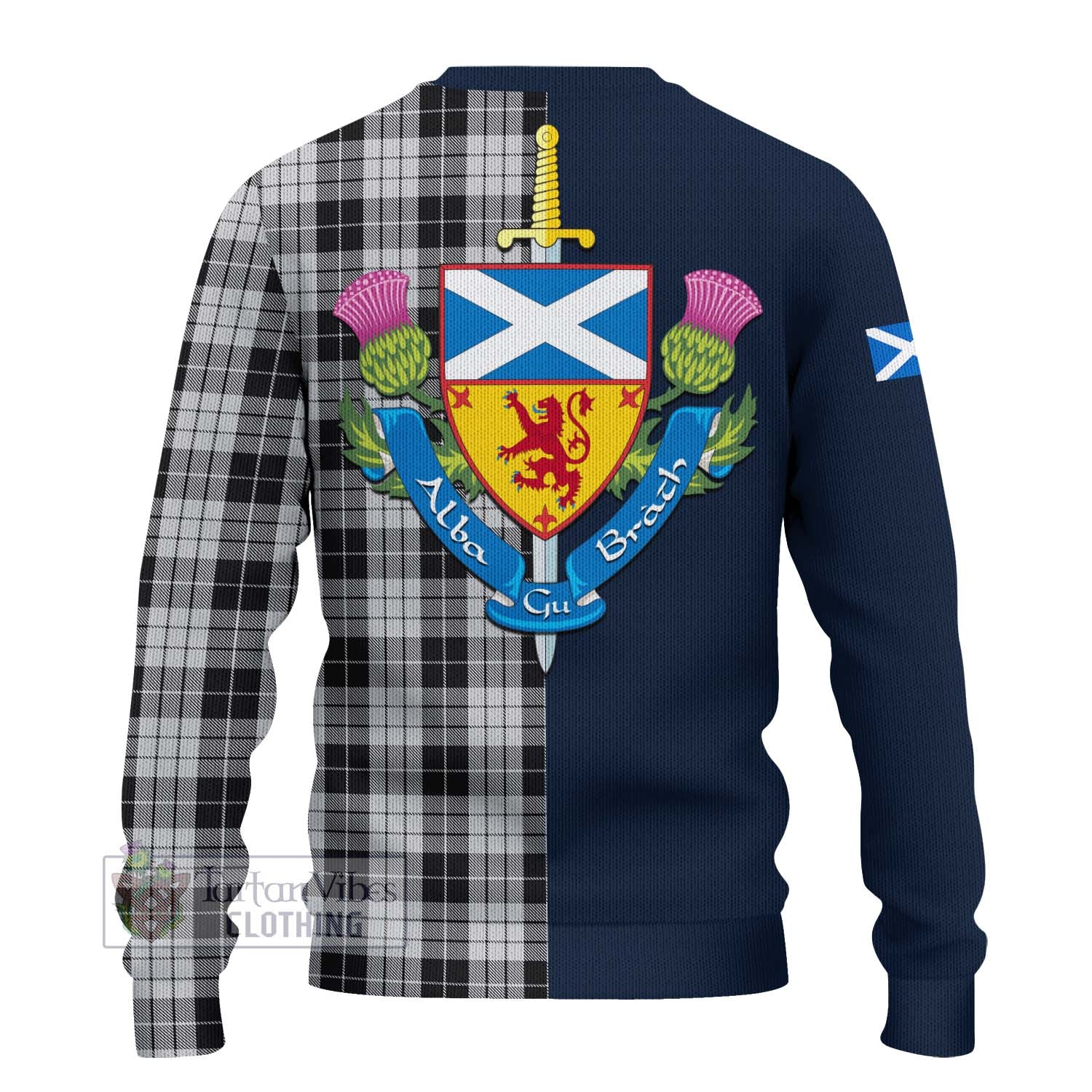 Tartan Vibes Clothing MacLeod Black and White Tartan Knitted Sweater with Scottish Lion Royal Arm Half Style