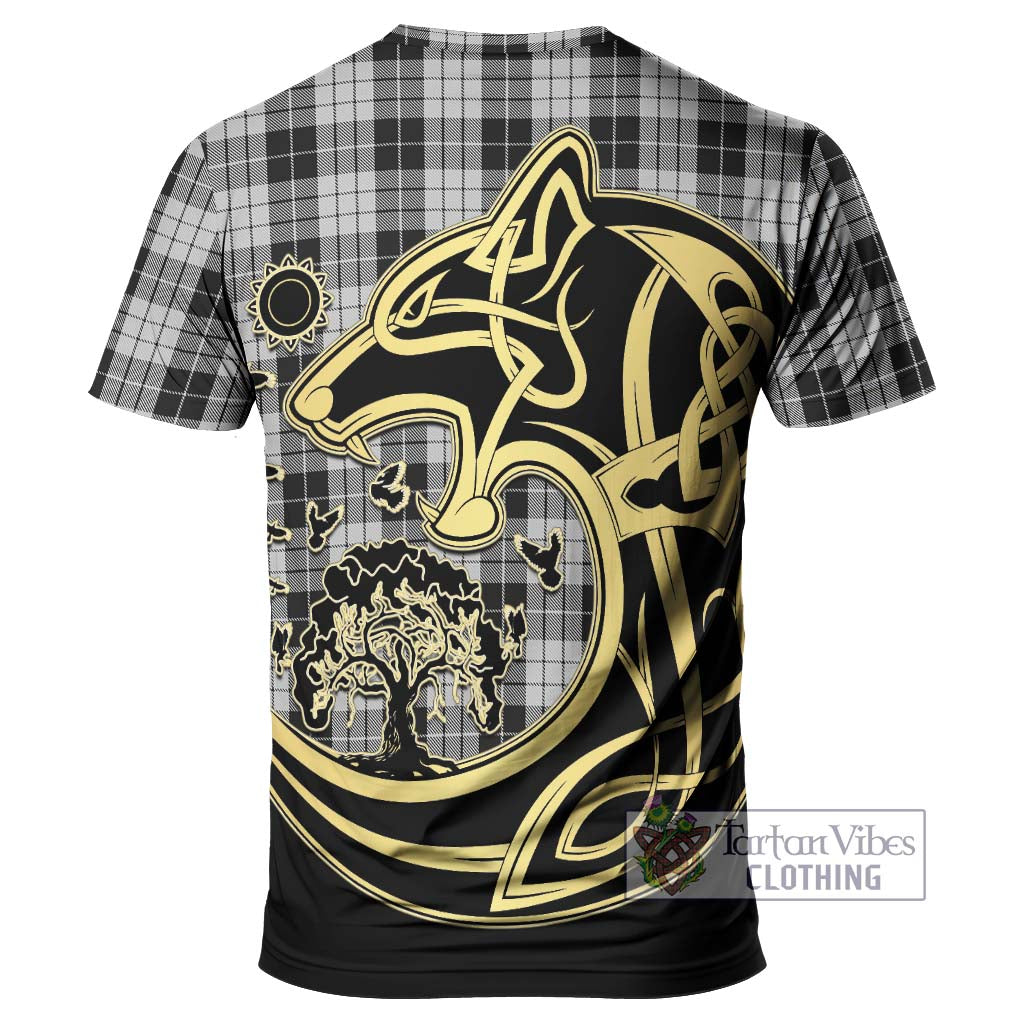 Tartan Vibes Clothing MacLeod Black and White Tartan T-Shirt with Family Crest Celtic Wolf Style