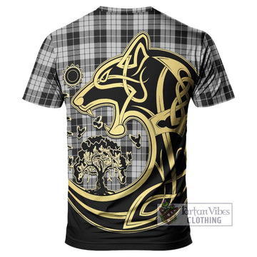 MacLeod Black and White Tartan T-Shirt with Family Crest Celtic Wolf Style