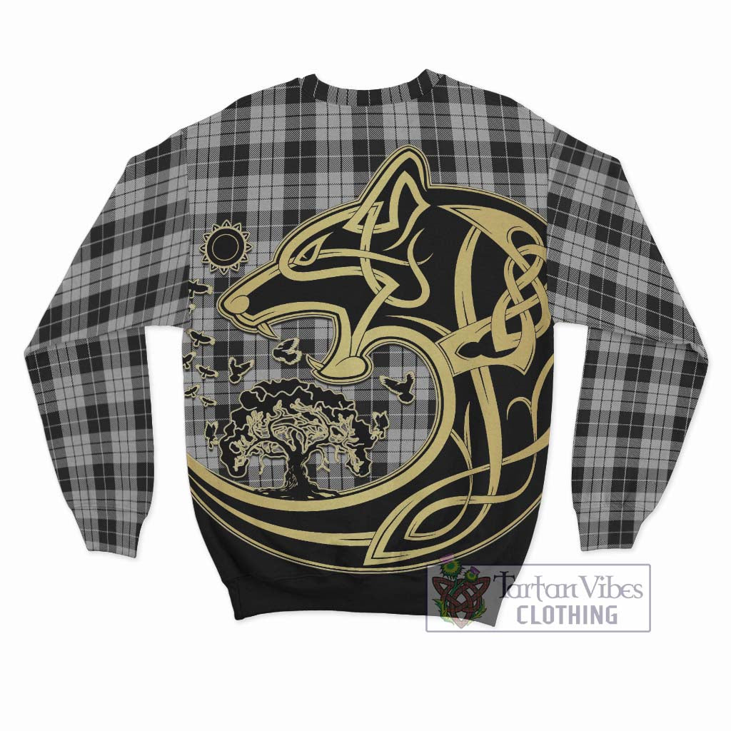 Tartan Vibes Clothing MacLeod Black and White Tartan Sweatshirt with Family Crest Celtic Wolf Style