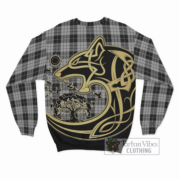 MacLeod Black and White Tartan Sweatshirt with Family Crest Celtic Wolf Style