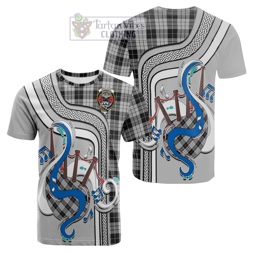 Tartan Vibes Clothing MacLeod Black and White Tartan Cotton T-shirt with Epic Bagpipe Style