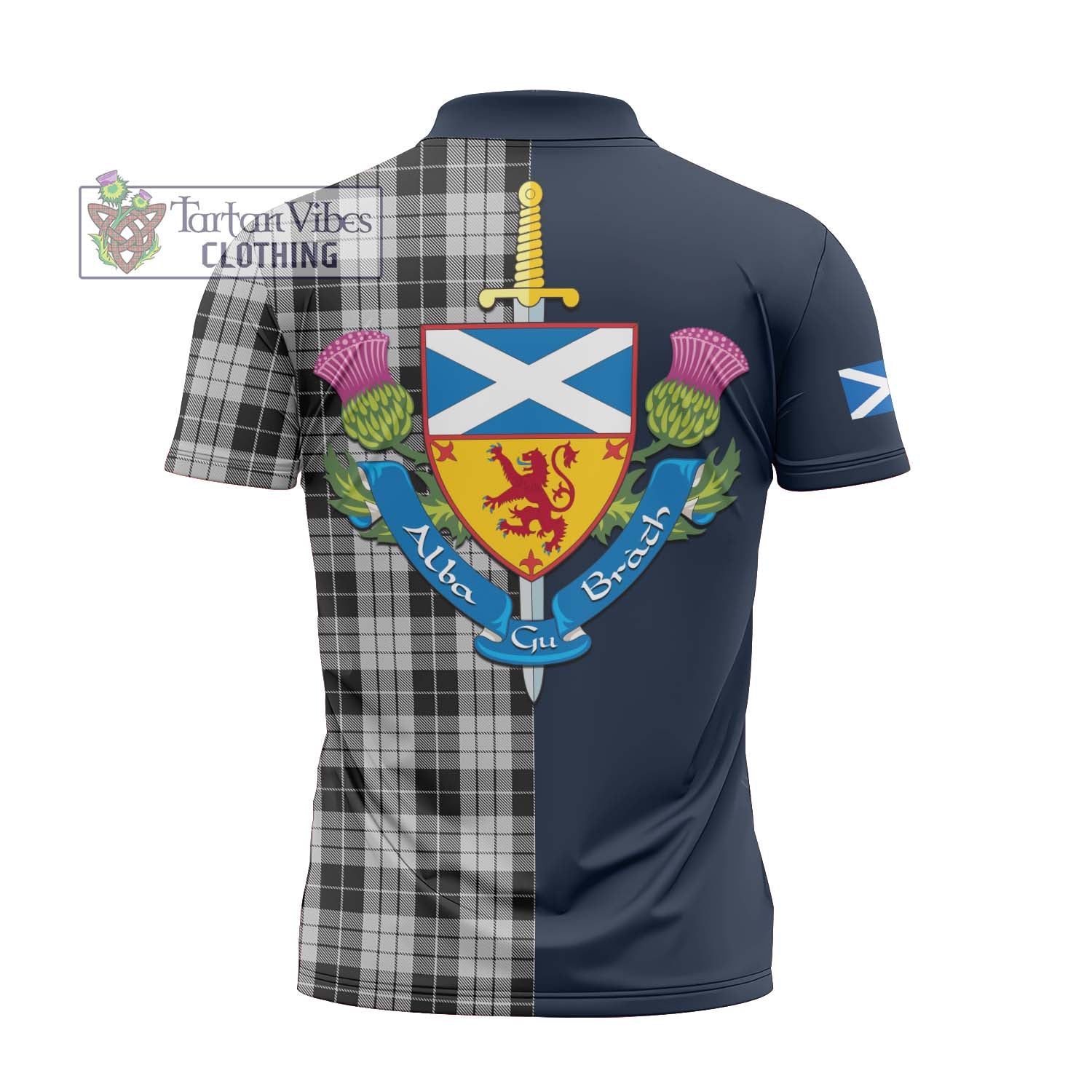 Tartan Vibes Clothing MacLeod Black and White Tartan Zipper Polo Shirt with Scottish Lion Royal Arm Half Style