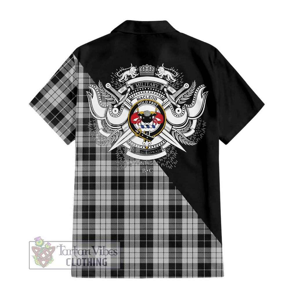 MacLeod Black and White Tartan Short Sleeve Button Shirt with Family Crest and Military Logo Style - Tartanvibesclothing Shop