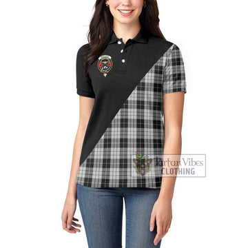 MacLeod Black and White Tartan Women's Polo Shirt with Family Crest and Military Logo Style