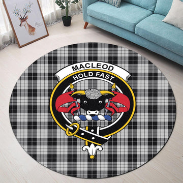 MacLeod Black and White Tartan Round Rug with Family Crest