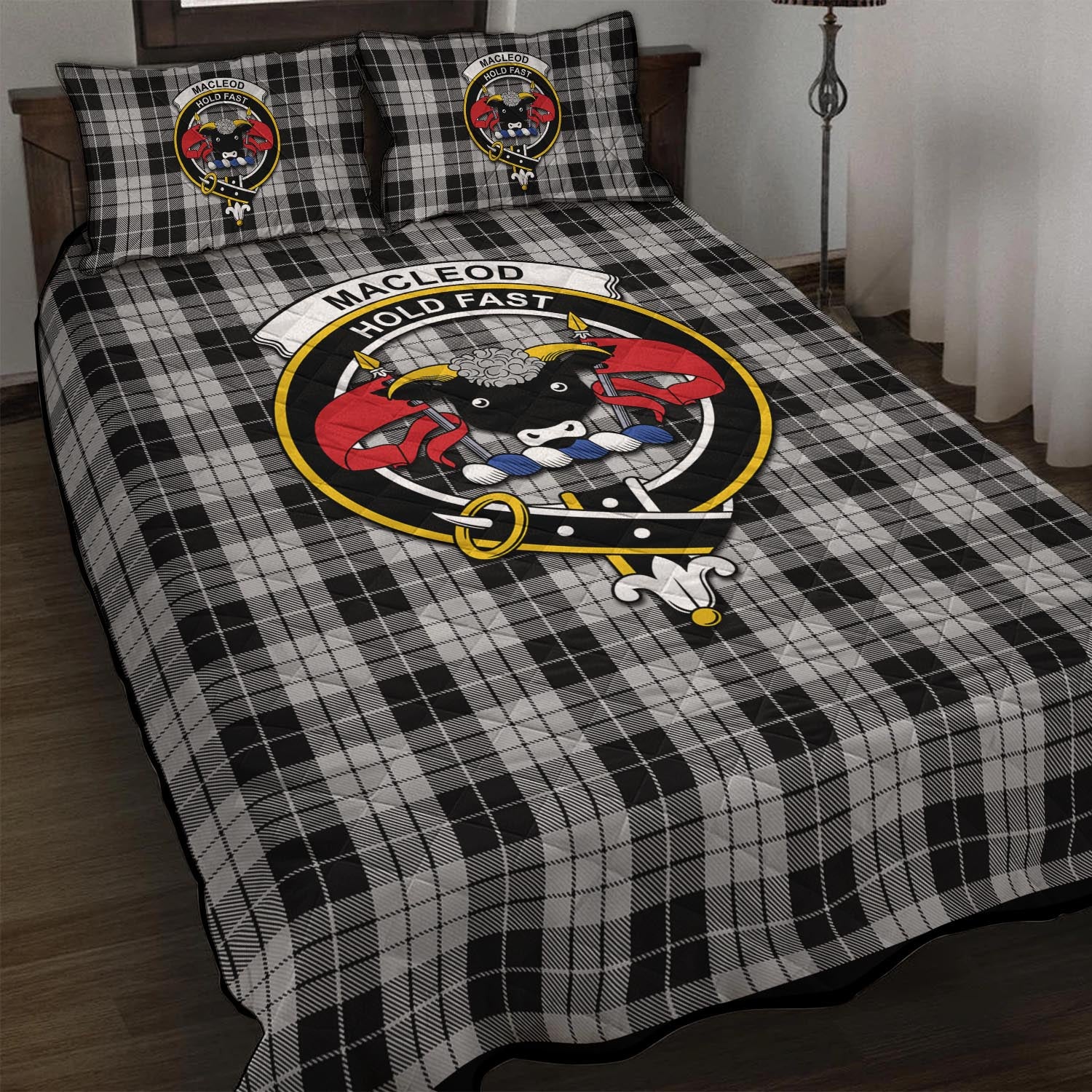 MacLeod Black and White Tartan Quilt Bed Set with Family Crest - Tartanvibesclothing