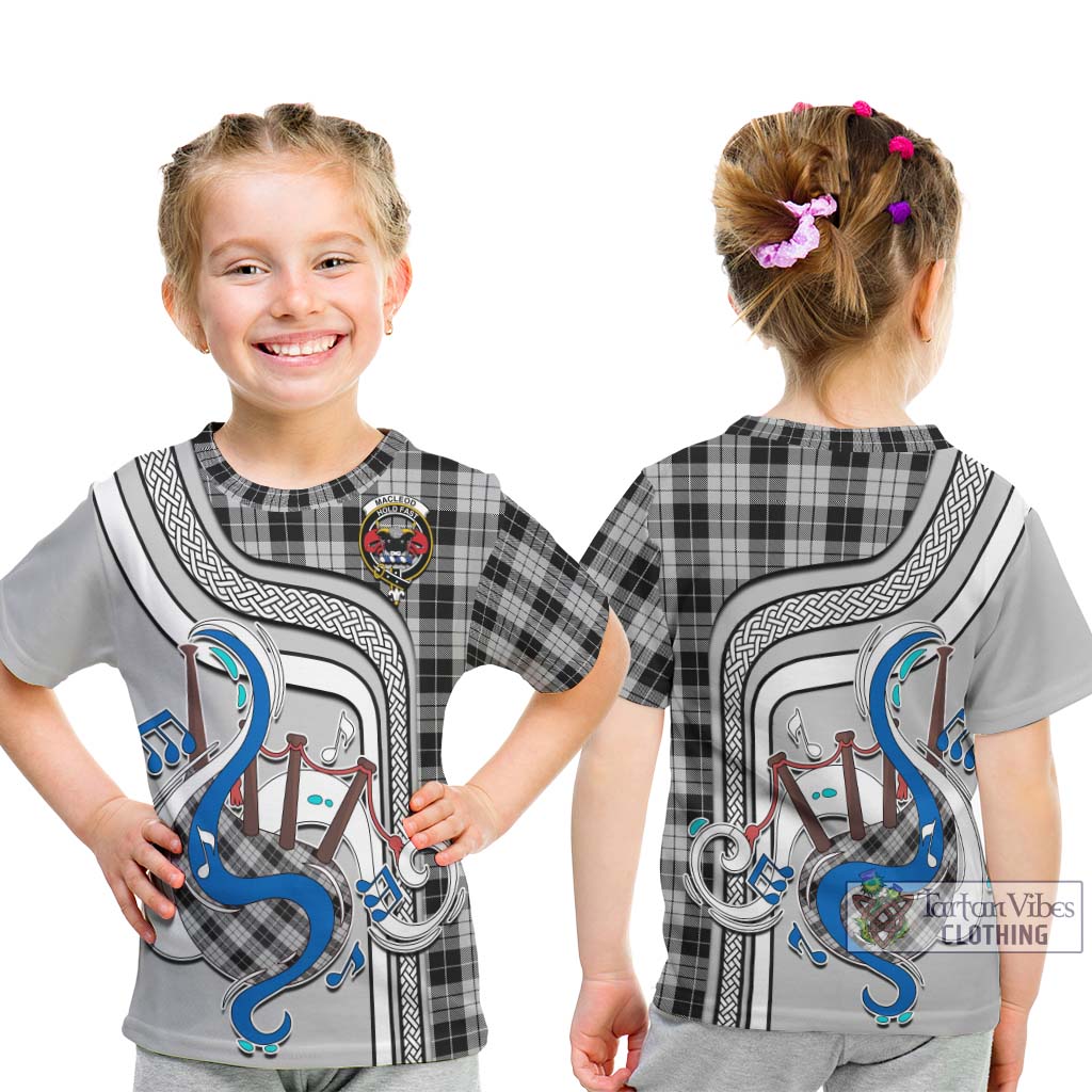 Tartan Vibes Clothing MacLeod Black and White Tartan Kid T-Shirt with Epic Bagpipe Style