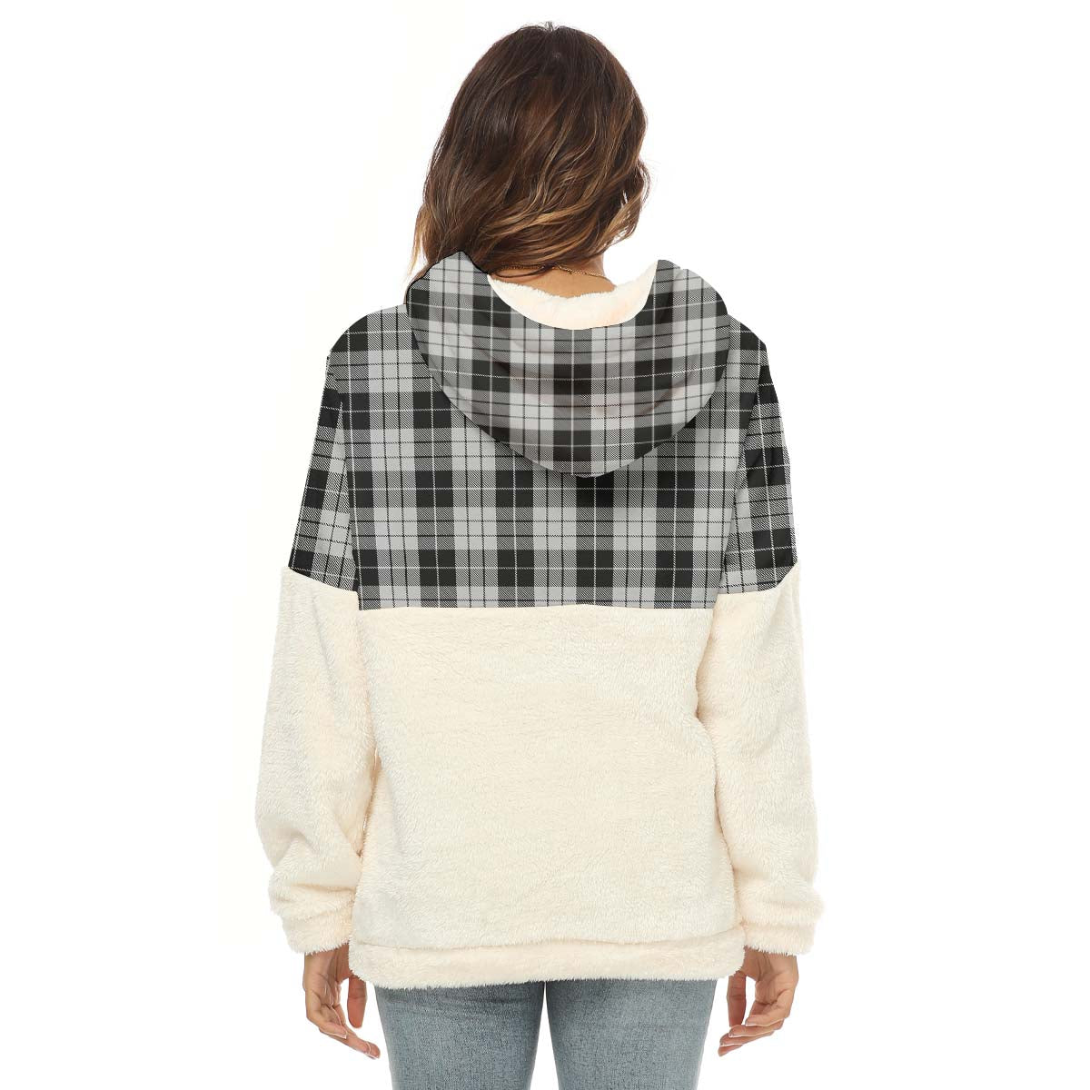 MacLeod Black and White Tartan Women's Borg Fleece Hoodie With Half Zip with Family Crest - Tartanvibesclothing