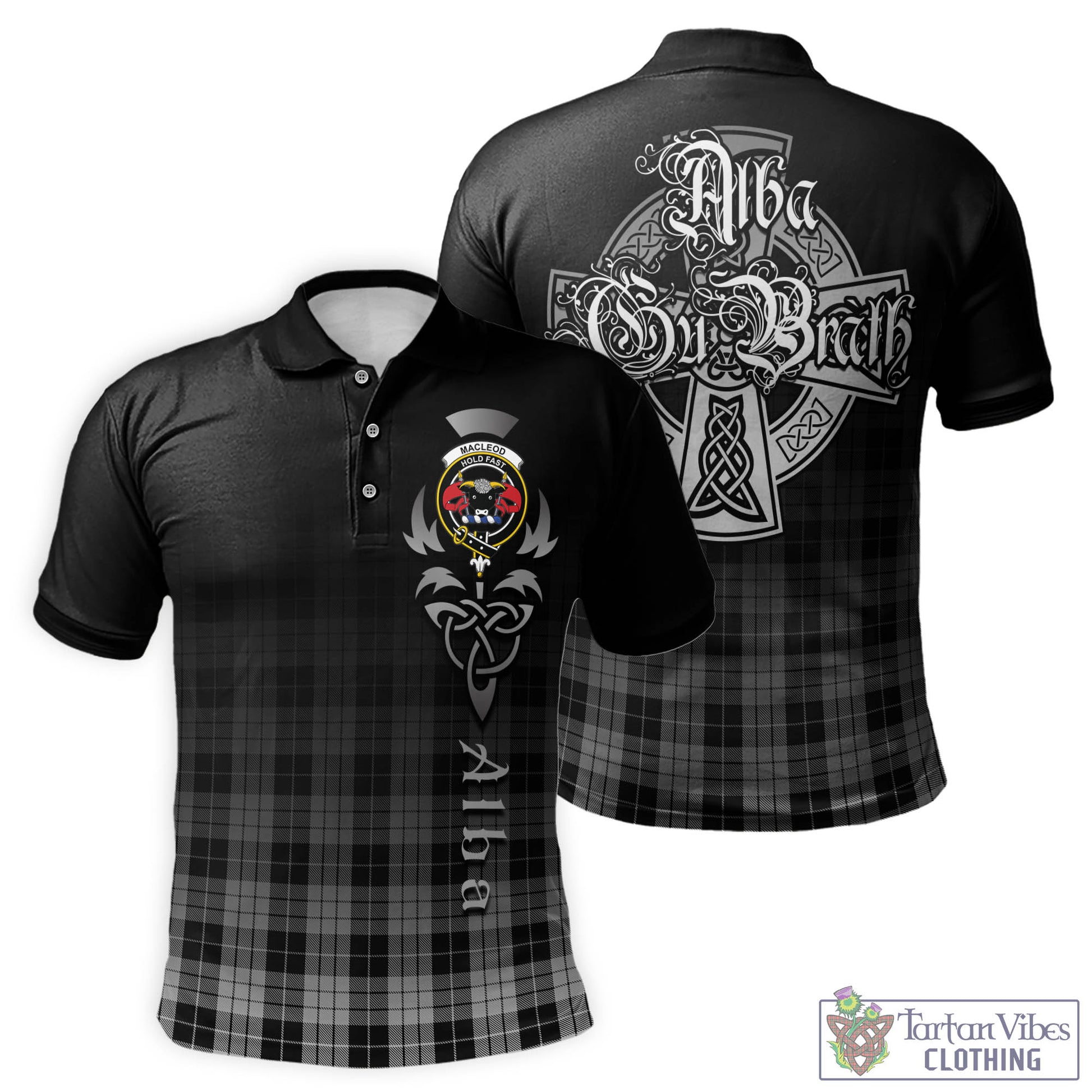 Tartan Vibes Clothing MacLeod Black and White Tartan Polo Shirt Featuring Alba Gu Brath Family Crest Celtic Inspired