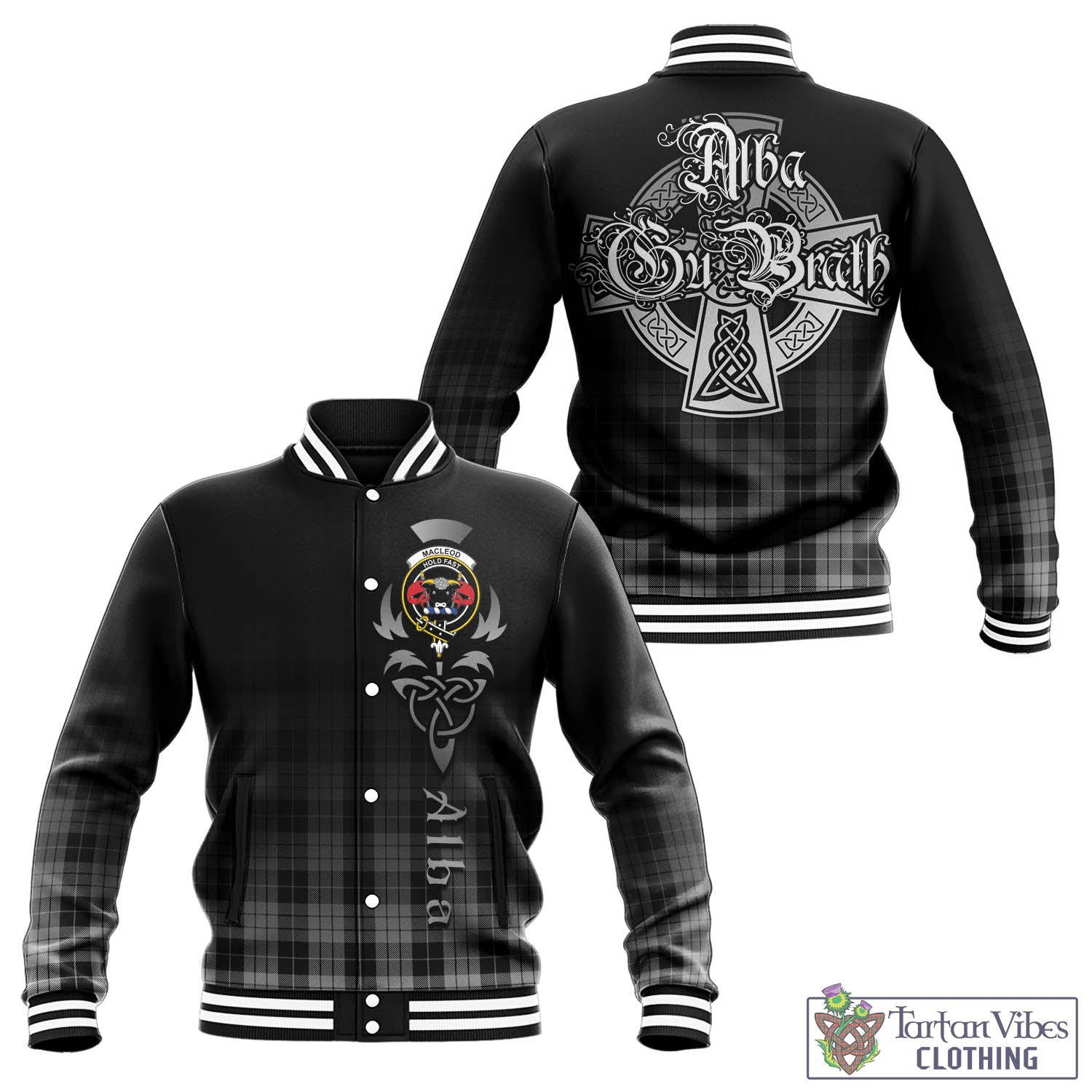 Tartan Vibes Clothing MacLeod Black and White Tartan Baseball Jacket Featuring Alba Gu Brath Family Crest Celtic Inspired