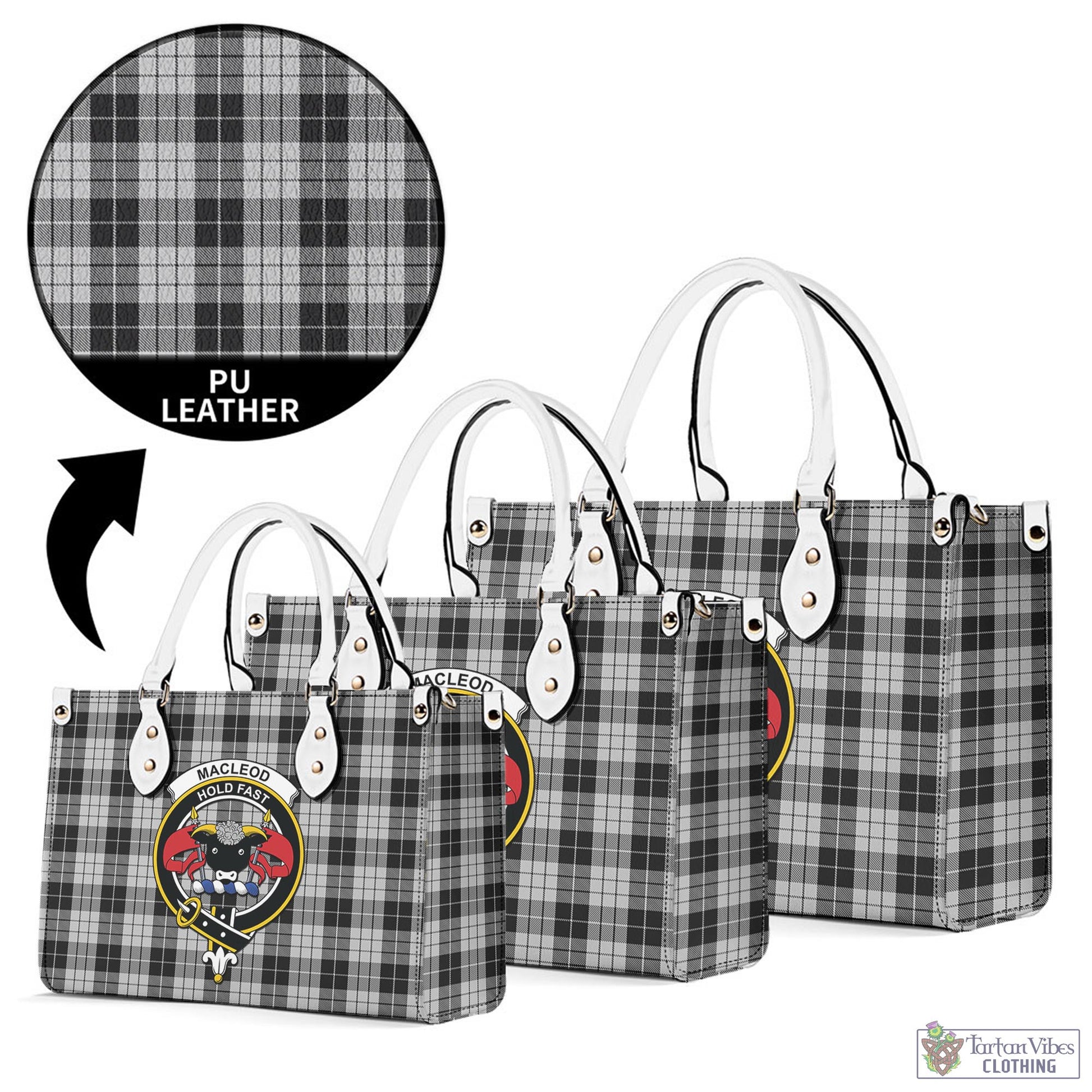 Tartan Vibes Clothing MacLeod Black and White Tartan Luxury Leather Handbags with Family Crest