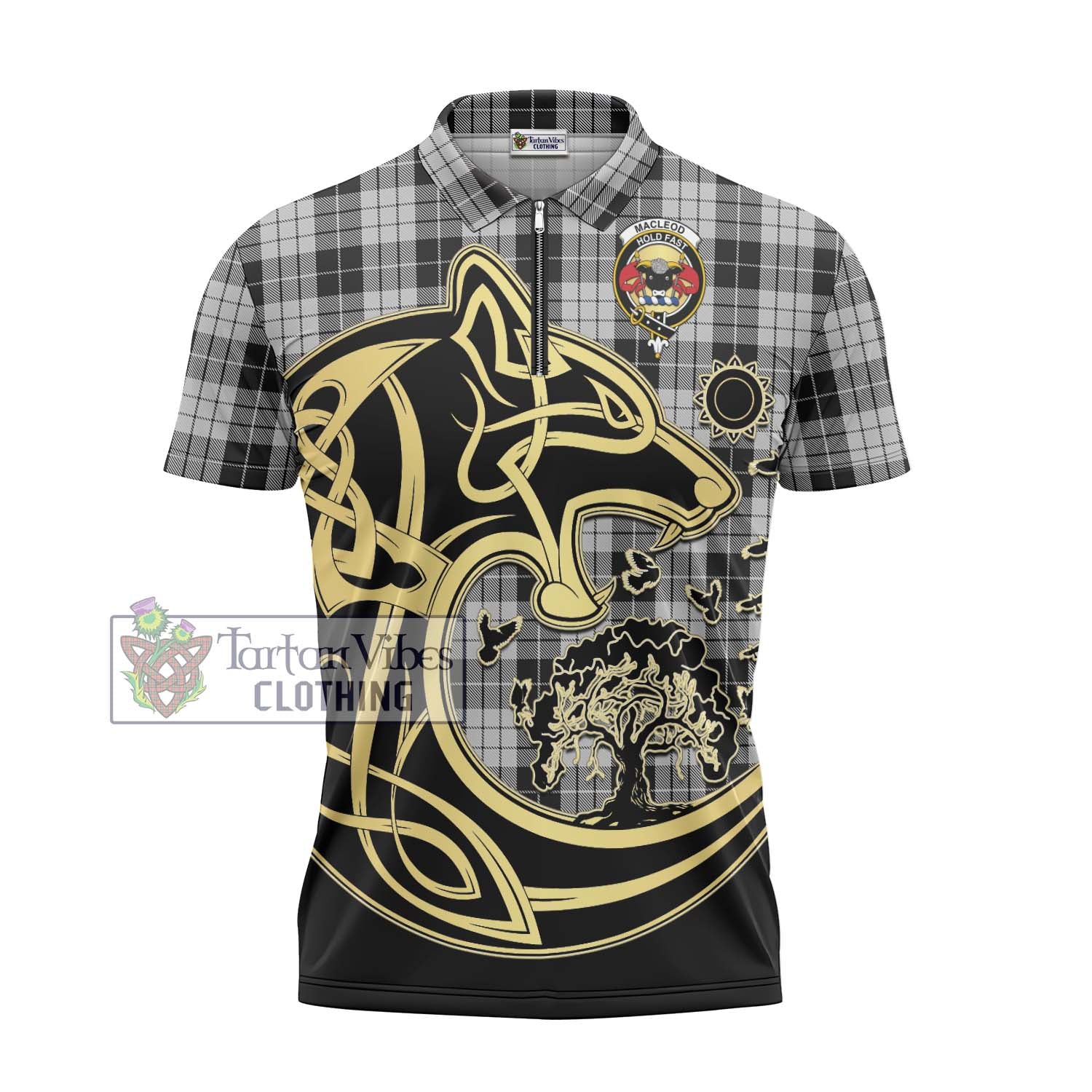 Tartan Vibes Clothing MacLeod Black and White Tartan Zipper Polo Shirt with Family Crest Celtic Wolf Style