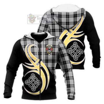 MacLeod Black and White Tartan Knitted Hoodie with Family Crest and Celtic Symbol Style