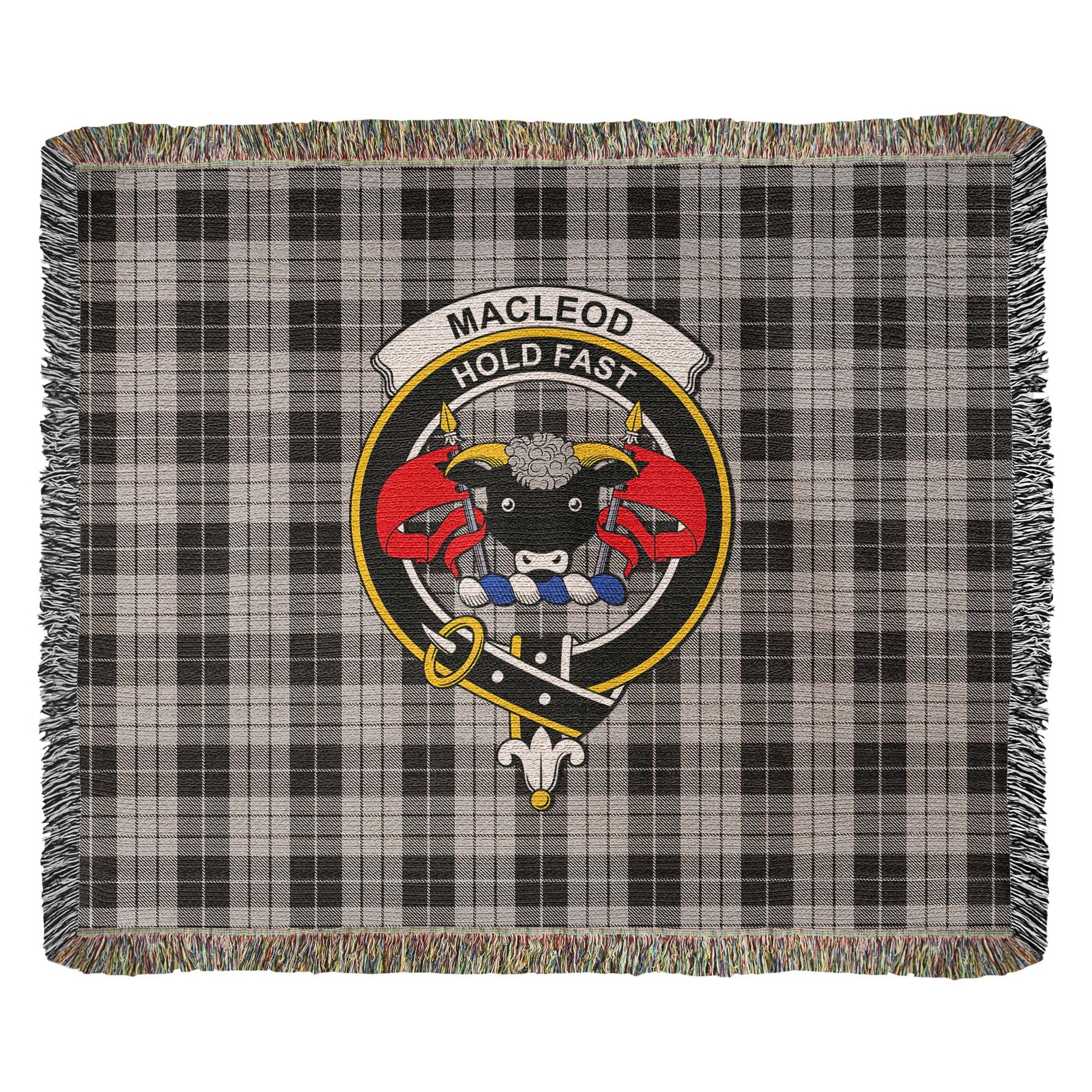 Tartan Vibes Clothing MacLeod Black and White Tartan Woven Blanket with Family Crest