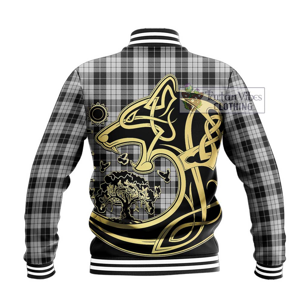 Tartan Vibes Clothing MacLeod Black and White Tartan Baseball Jacket with Family Crest Celtic Wolf Style