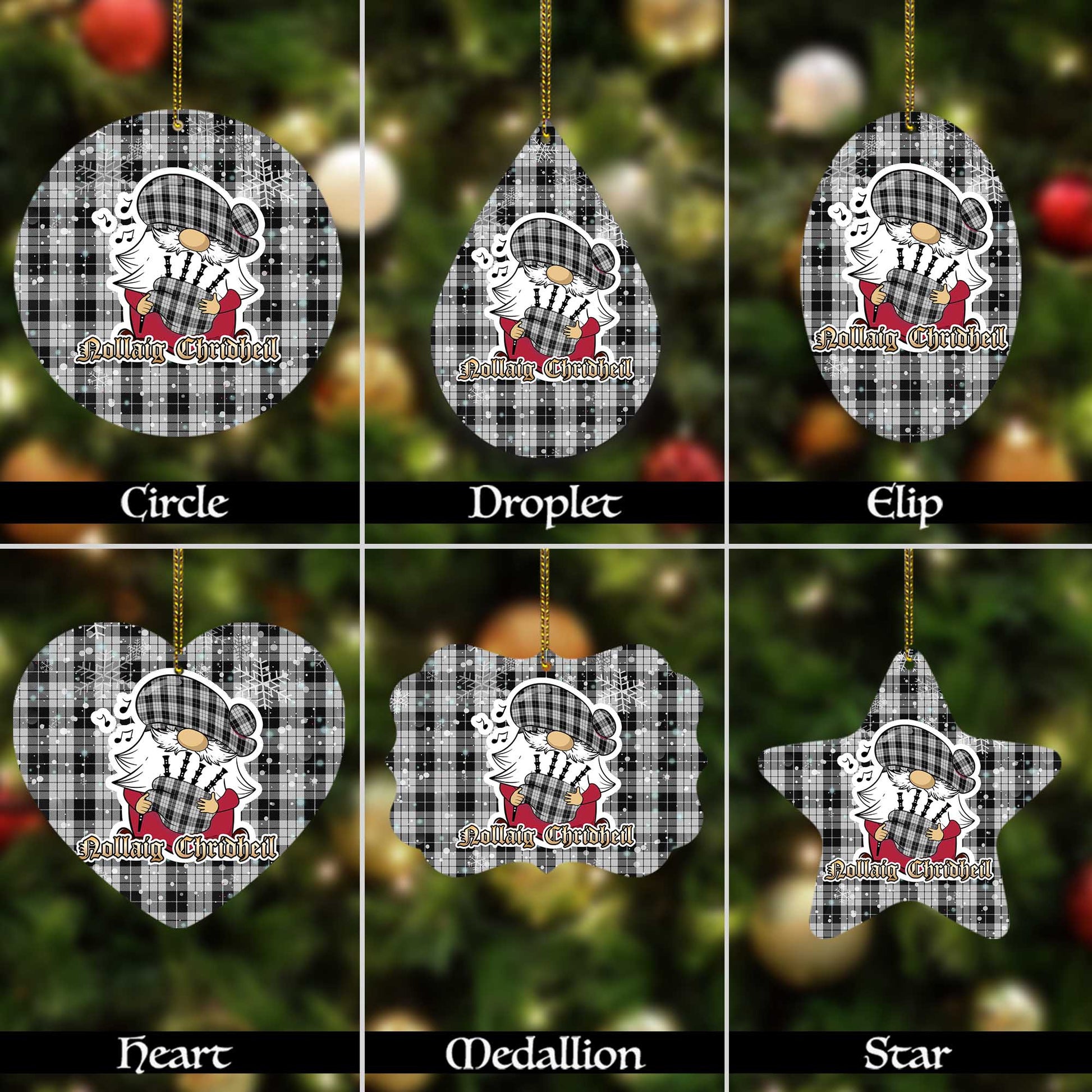 MacLeod Black and White Tartan Christmas Ornaments with Scottish Gnome Playing Bagpipes Alumium - Tartanvibesclothing