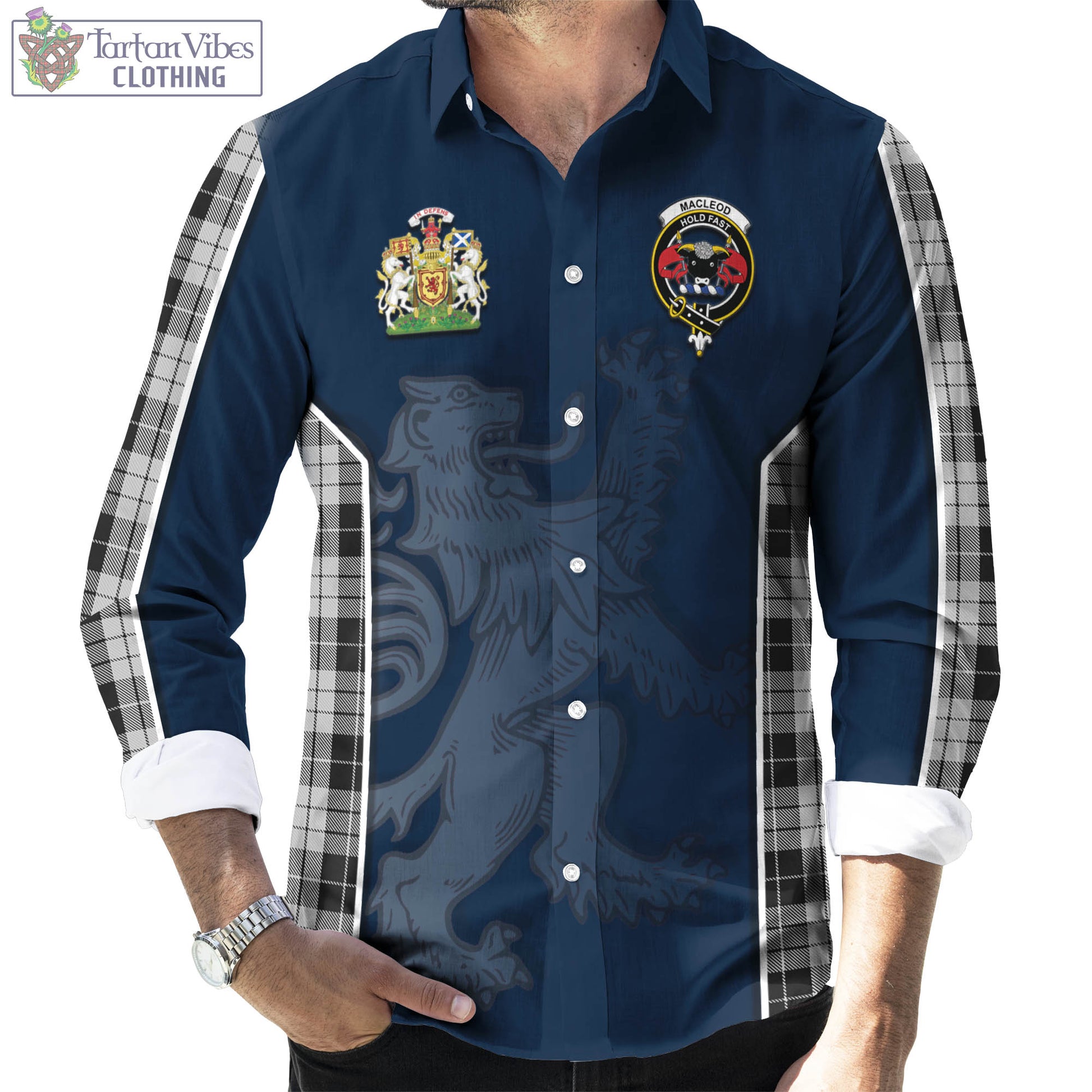 Tartan Vibes Clothing MacLeod Black and White Tartan Long Sleeve Button Up Shirt with Family Crest and Lion Rampant Vibes Sport Style