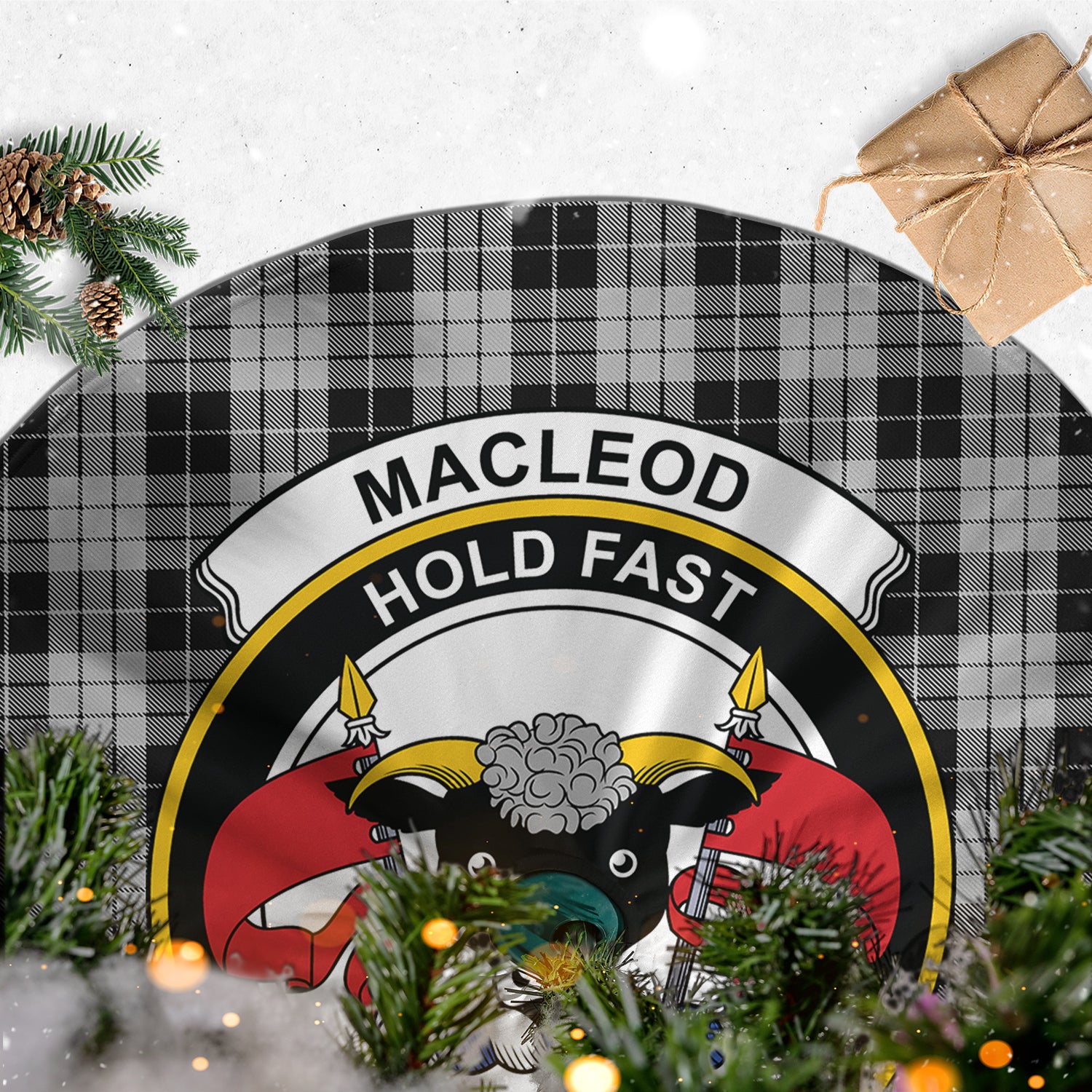 MacLeod Black and White Tartan Christmas Tree Skirt with Family Crest - Tartanvibesclothing