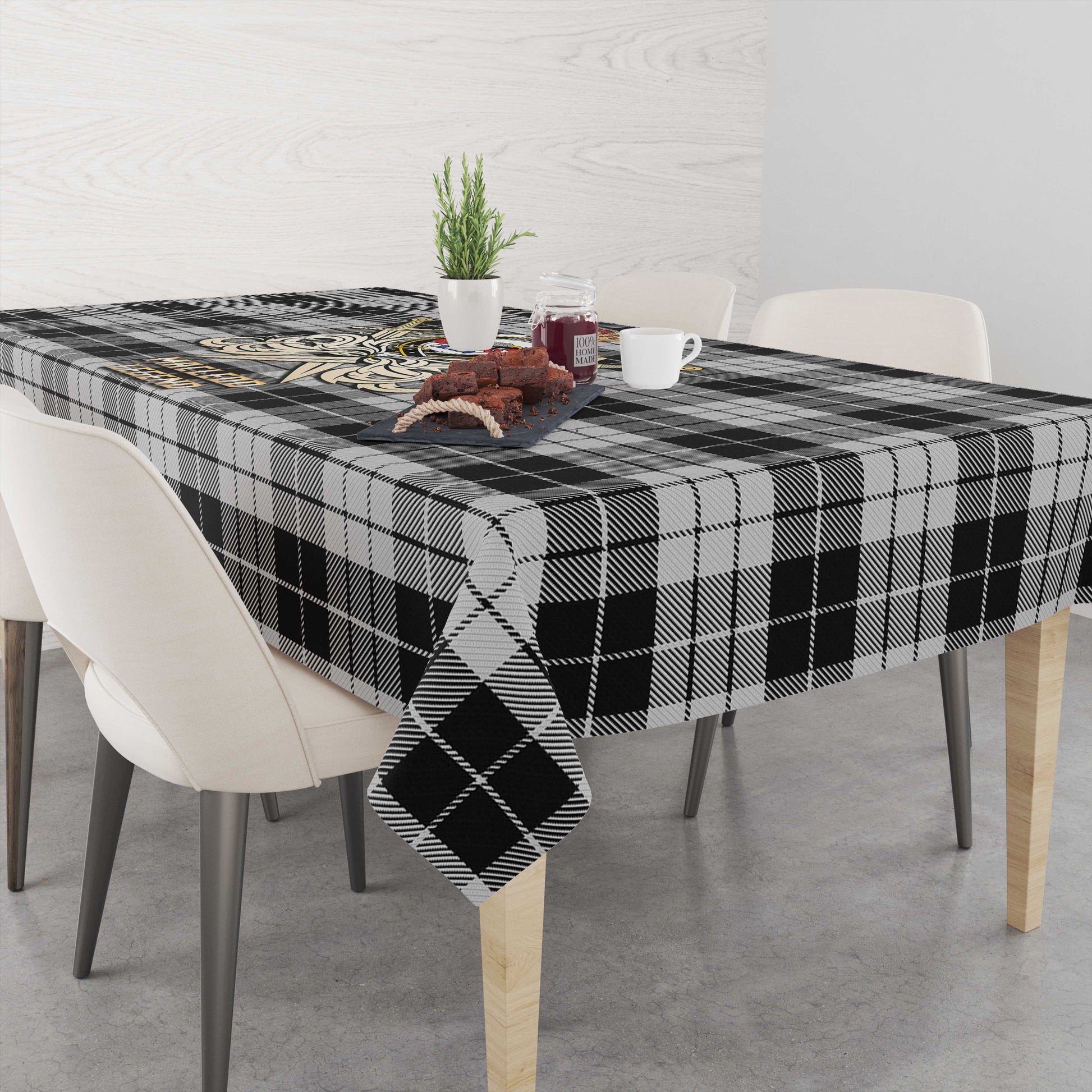 Tartan Vibes Clothing MacLeod Black and White Tartan Tablecloth with Clan Crest and the Golden Sword of Courageous Legacy