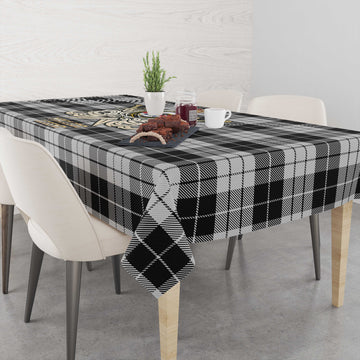 MacLeod Black and White Tartan Tablecloth with Clan Crest and the Golden Sword of Courageous Legacy