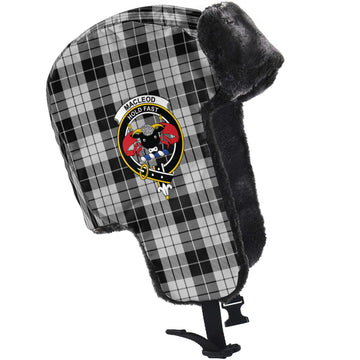 MacLeod Black and White Tartan Winter Trapper Hat with Family Crest