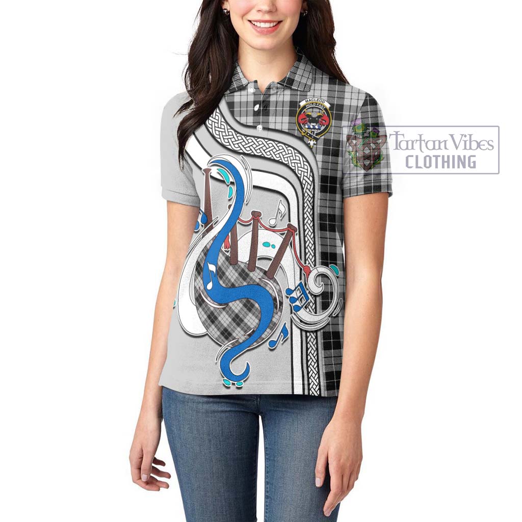 Tartan Vibes Clothing MacLeod Black and White Tartan Women's Polo Shirt with Epic Bagpipe Style