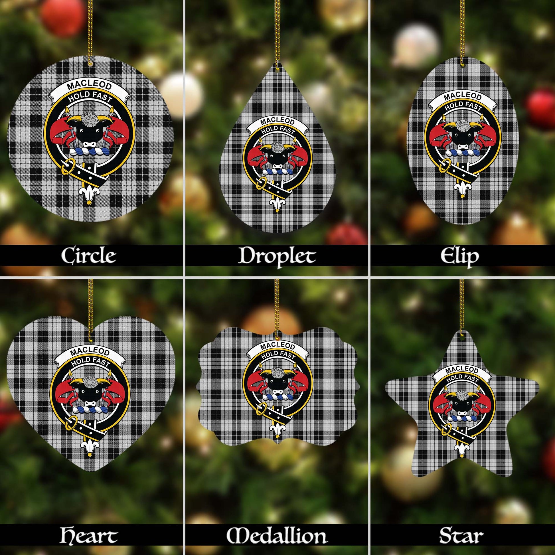 MacLeod Black and White Tartan Christmas Ornaments with Family Crest - Tartanvibesclothing