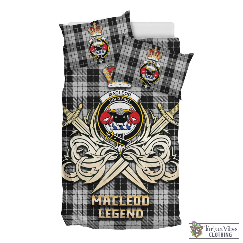 Tartan Vibes Clothing MacLeod Black and White Tartan Bedding Set with Clan Crest and the Golden Sword of Courageous Legacy