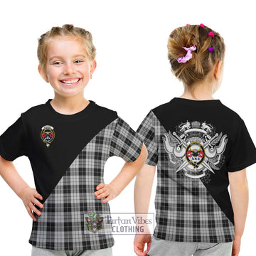 MacLeod Black and White Tartan Kid T-Shirt with Family Crest and Military Logo Style