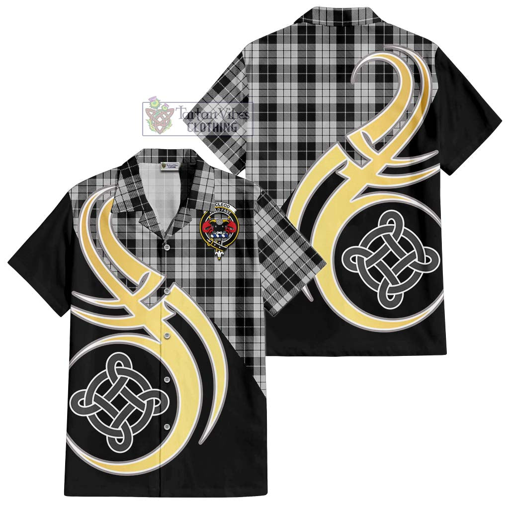 Tartan Vibes Clothing MacLeod Black and White Tartan Short Sleeve Button Shirt with Family Crest and Celtic Symbol Style