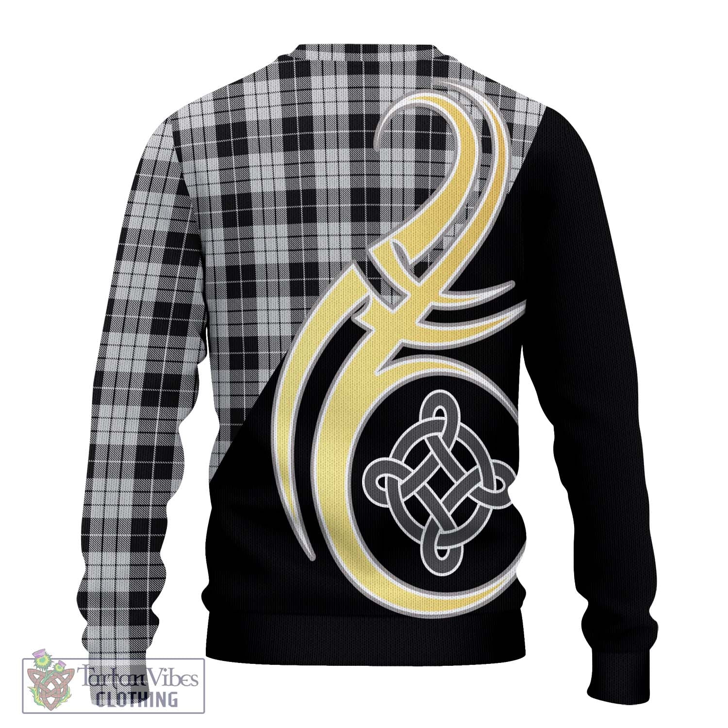 Tartan Vibes Clothing MacLeod Black and White Tartan Knitted Sweater with Family Crest and Celtic Symbol Style