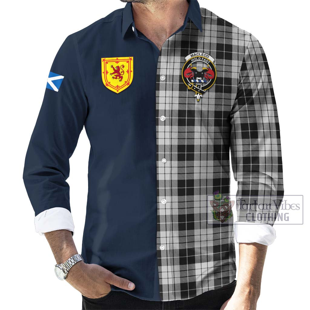 Tartan Vibes Clothing MacLeod Black and White Tartan Long Sleeve Button Shirt with Scottish Lion Royal Arm Half Style