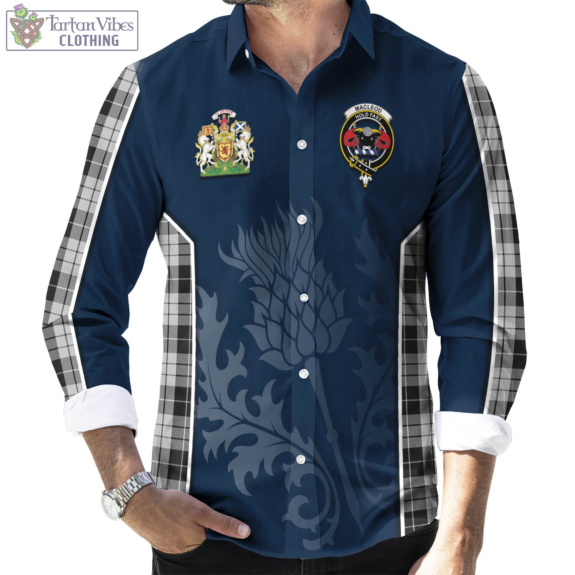 Tartan Vibes Clothing MacLeod Black and White Tartan Long Sleeve Button Up Shirt with Family Crest and Scottish Thistle Vibes Sport Style