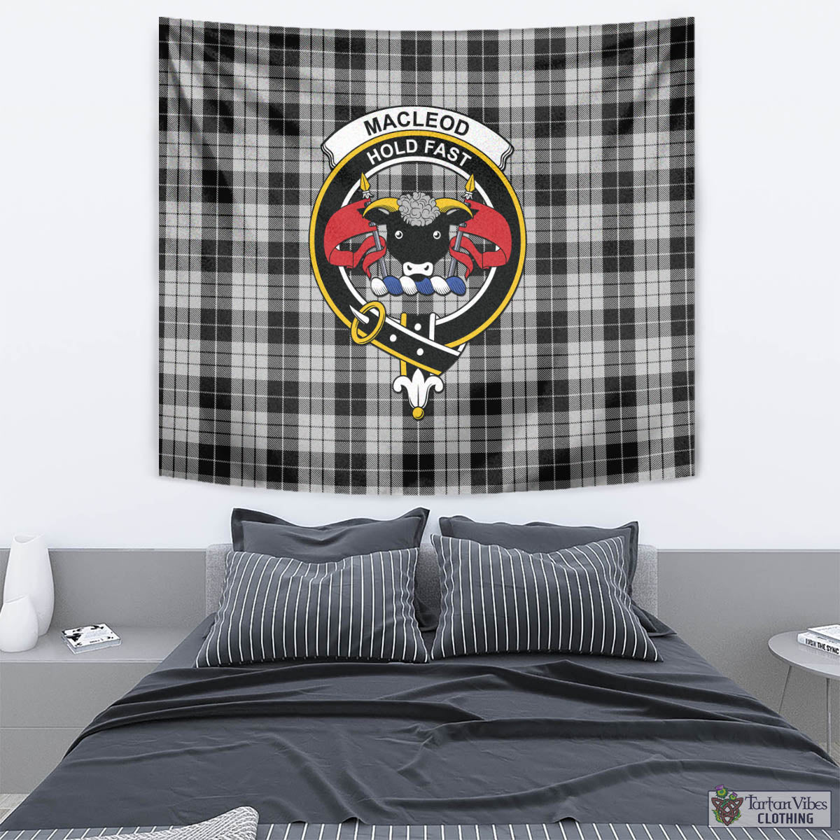 Tartan Vibes Clothing MacLeod Black and White Tartan Tapestry Wall Hanging and Home Decor for Room with Family Crest