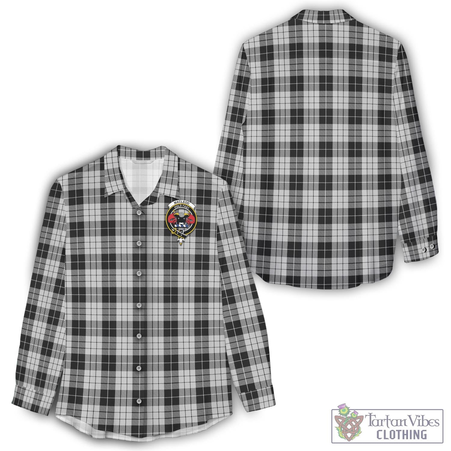 Tartan Vibes Clothing MacLeod Black and White Tartan Womens Casual Shirt with Family Crest